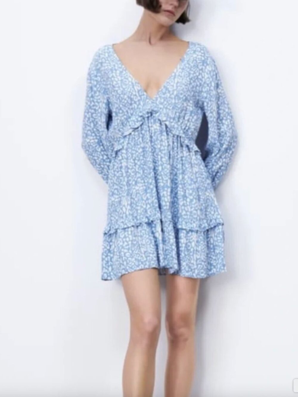 Zara Animal Print Mini Dress Vneck Long Sleeve Blue
